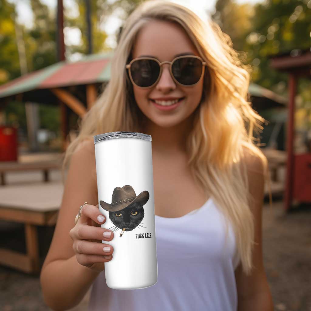 Funny Cowboy Cat Smoking Anti ICE Protest Meme Skinny Tumbler