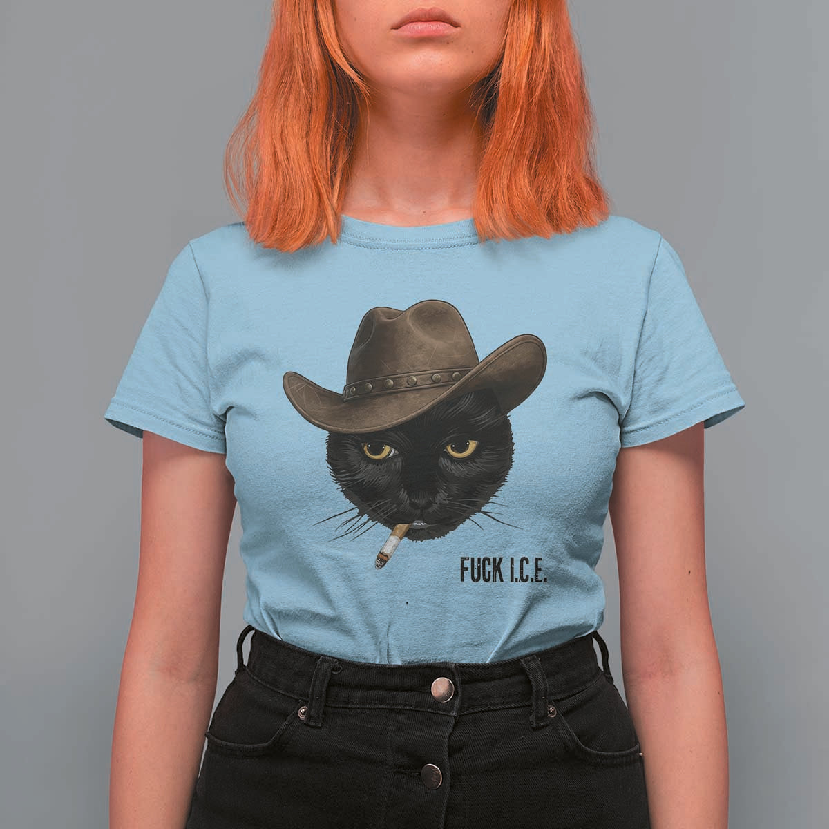 Funny Cowboy Cat Smoking Anti ICE Protest Meme T Shirt For Women