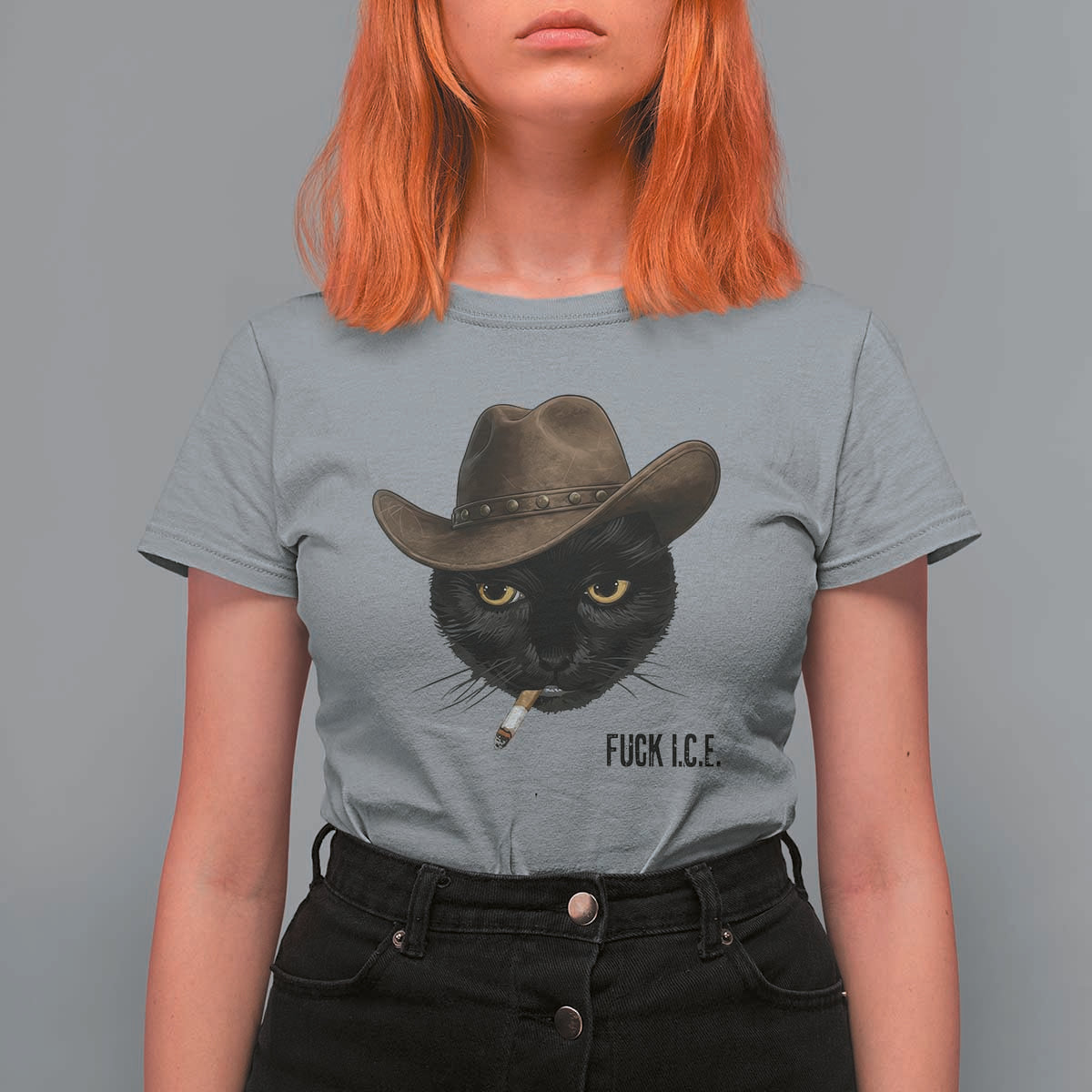 Funny Cowboy Cat Smoking Anti ICE Protest Meme T Shirt For Women
