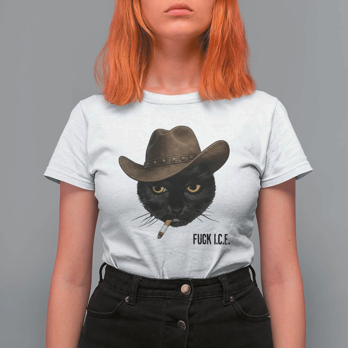 Funny Cowboy Cat Smoking Anti ICE Protest Meme T Shirt For Women