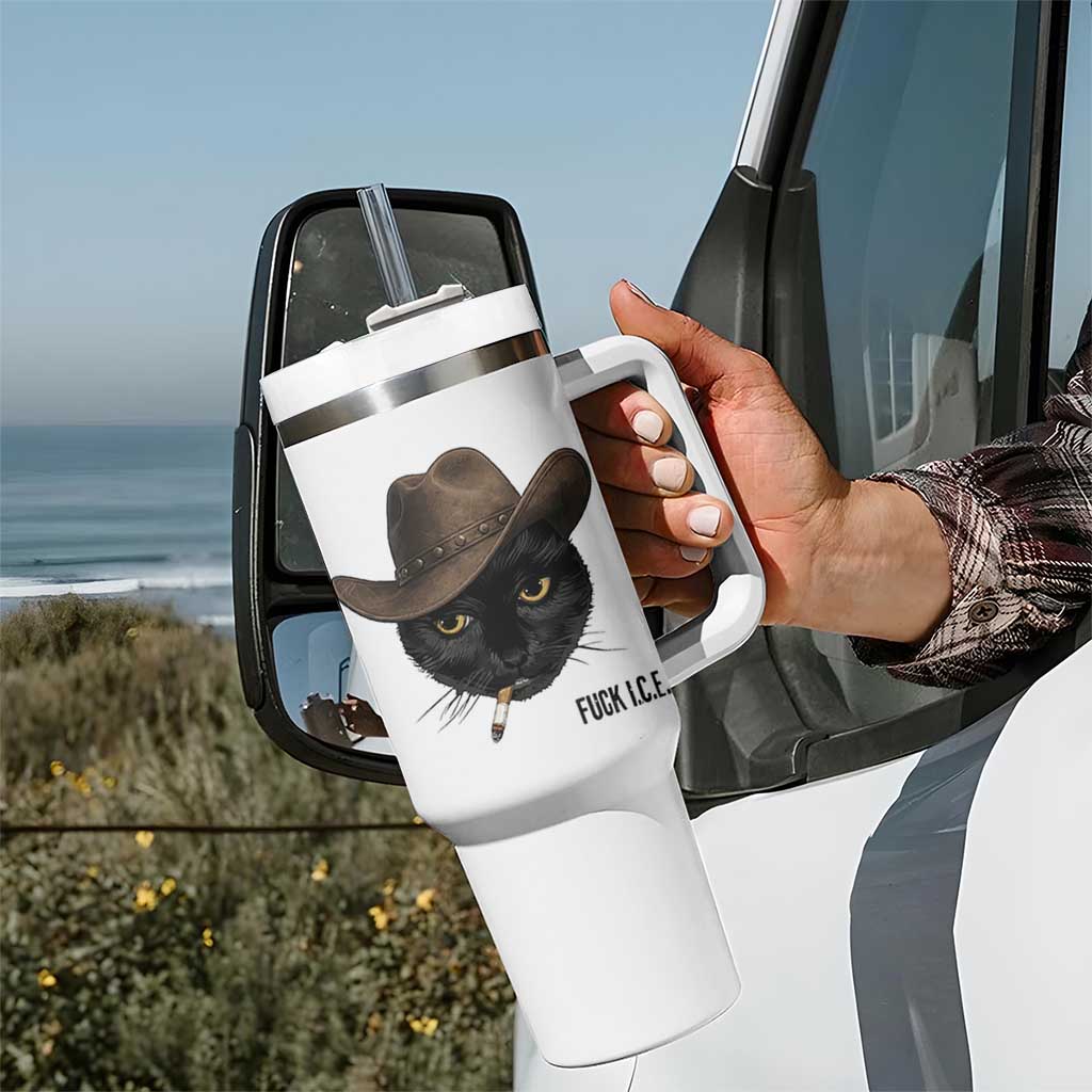 Funny Cowboy Cat Smoking Anti ICE Protest Meme Tumbler With Handle