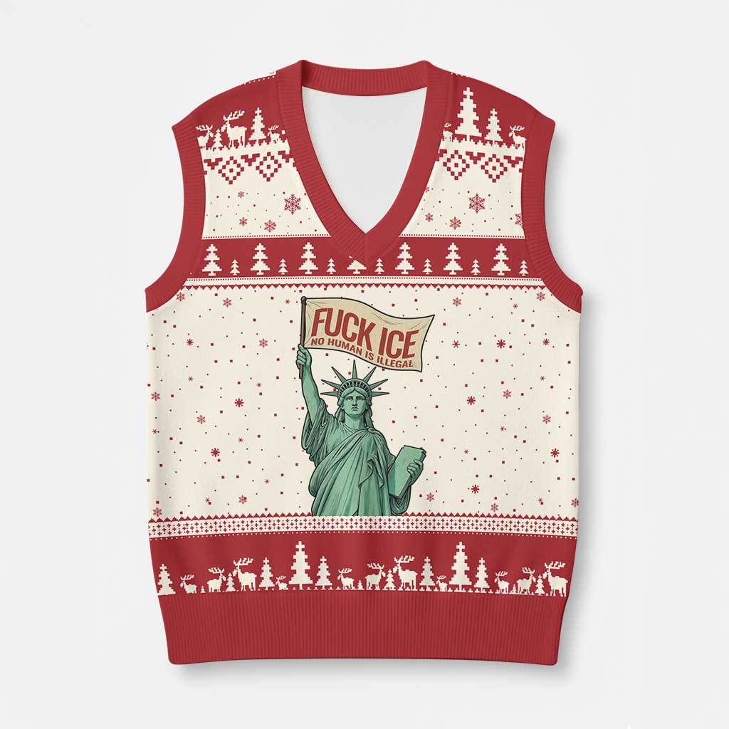 Fck Ice No Human Is Illegal V-Neck Knit Sweater Vest Statue of Liberty Anti ICE Immigration Human Rights Protest