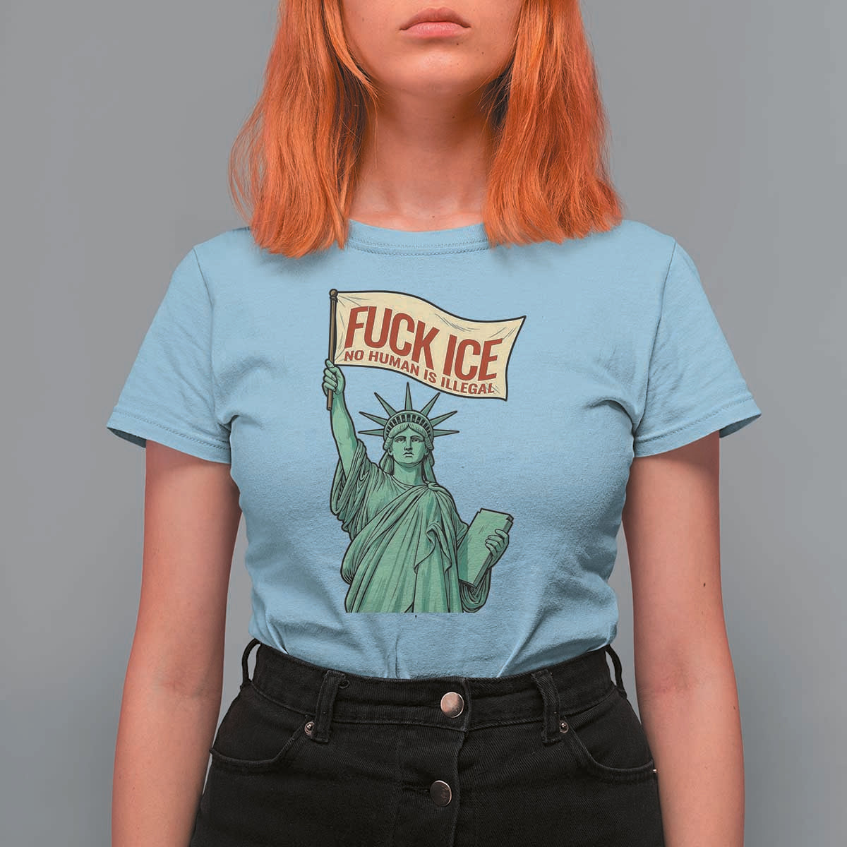 Fck Ice No Human Is Illegal T Shirt For Women Statue of Liberty Anti ICE Immigration Human Rights Protest