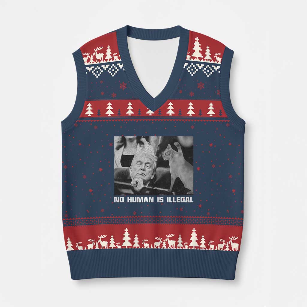 No Human Is Illegal V-Neck Knit Sweater Vest Funny Cat Anti ICE Meme