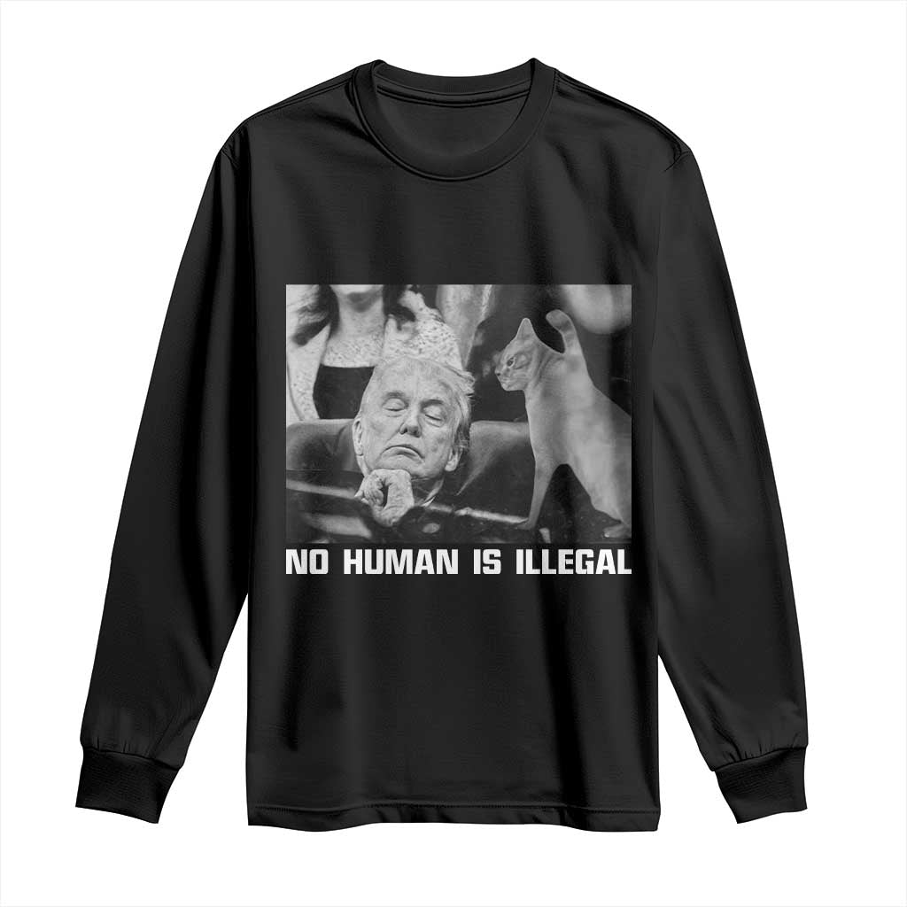 No Human Is Illegal Long Sleeve Shirt Funny Cat Anti ICE Meme