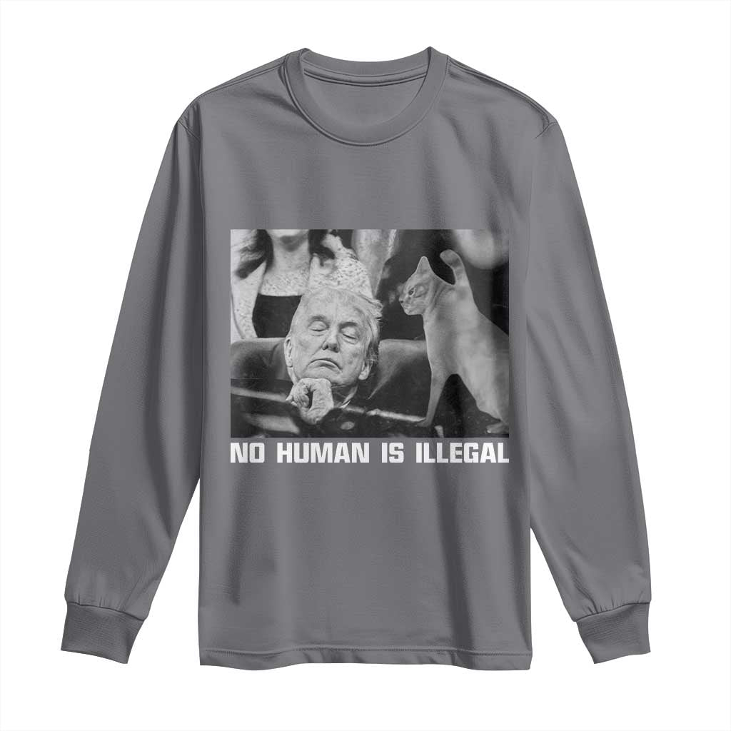 No Human Is Illegal Long Sleeve Shirt Funny Cat Anti ICE Meme