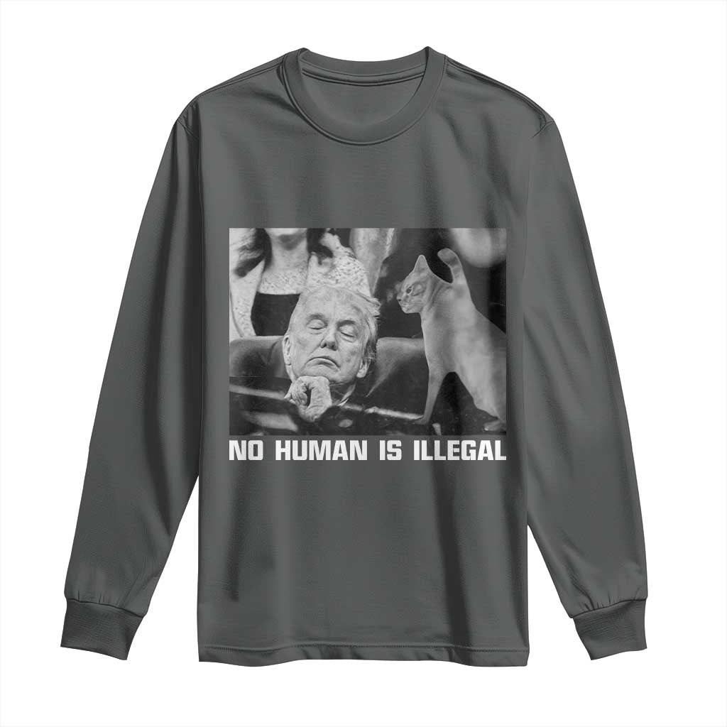No Human Is Illegal Long Sleeve Shirt Funny Cat Anti ICE Meme