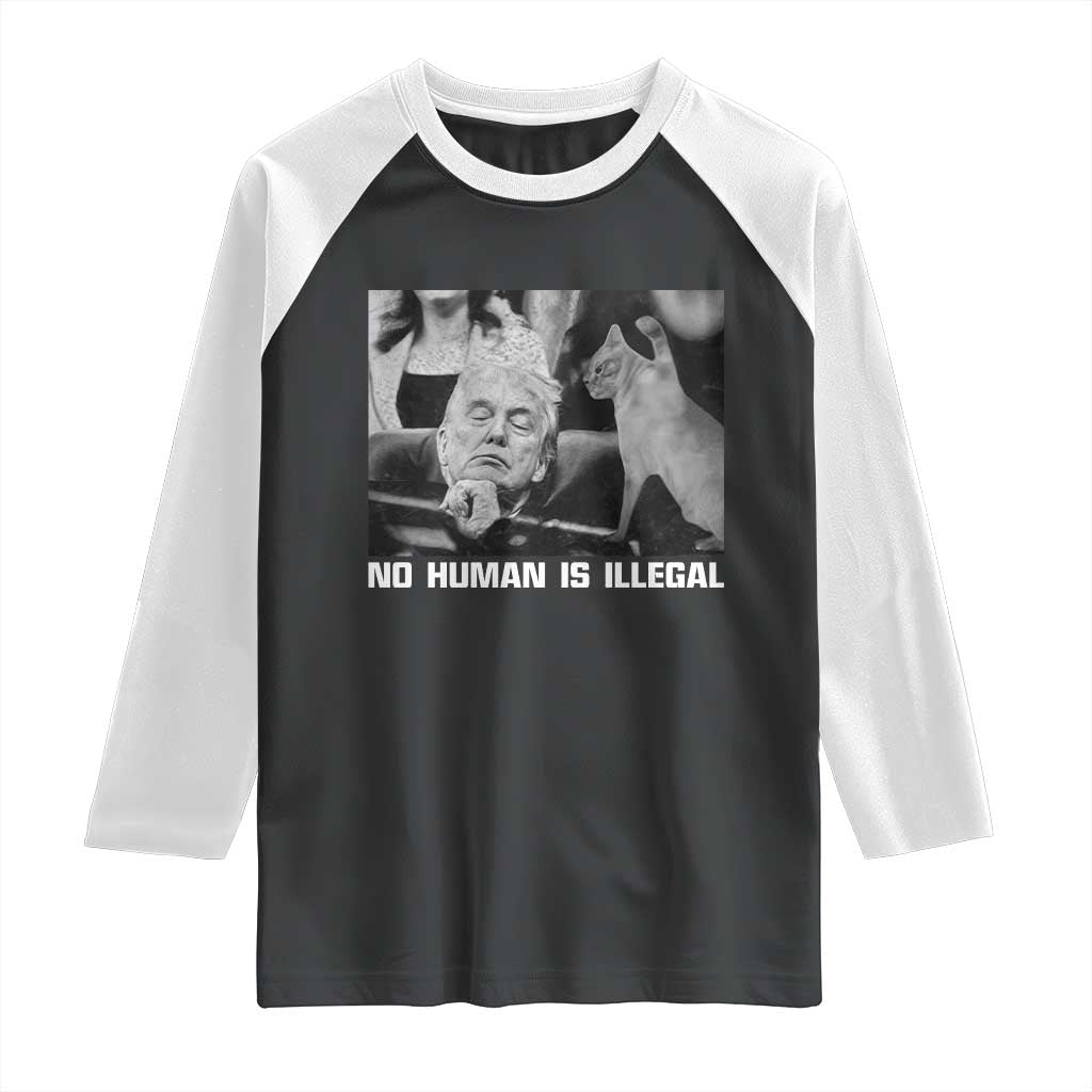 No Human Is Illegal Raglan Shirt Funny Cat Anti ICE Meme