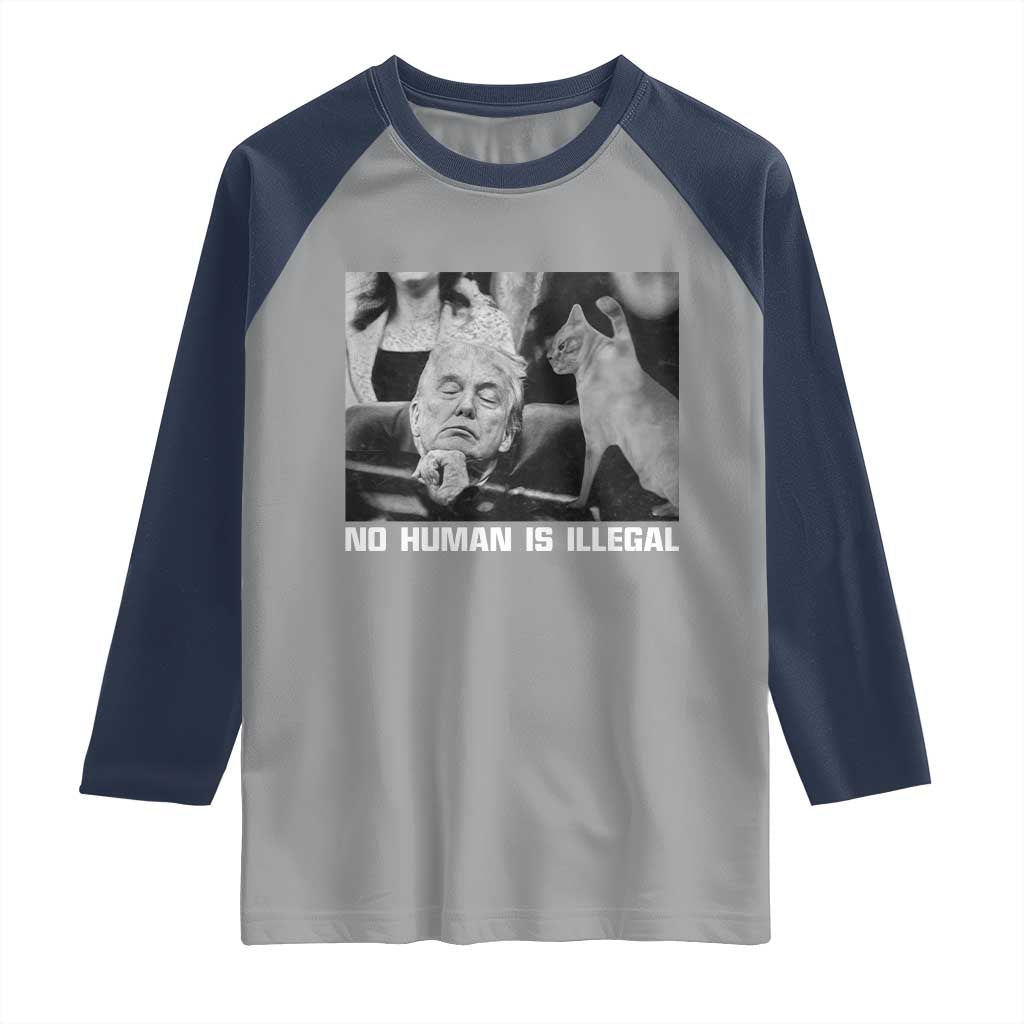 No Human Is Illegal Raglan Shirt Funny Cat Anti ICE Meme