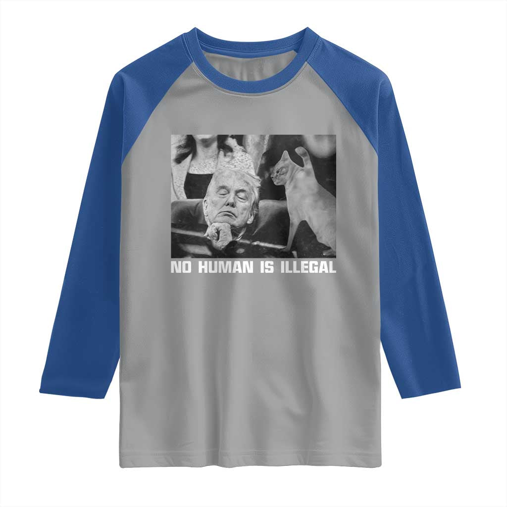 No Human Is Illegal Raglan Shirt Funny Cat Anti ICE Meme