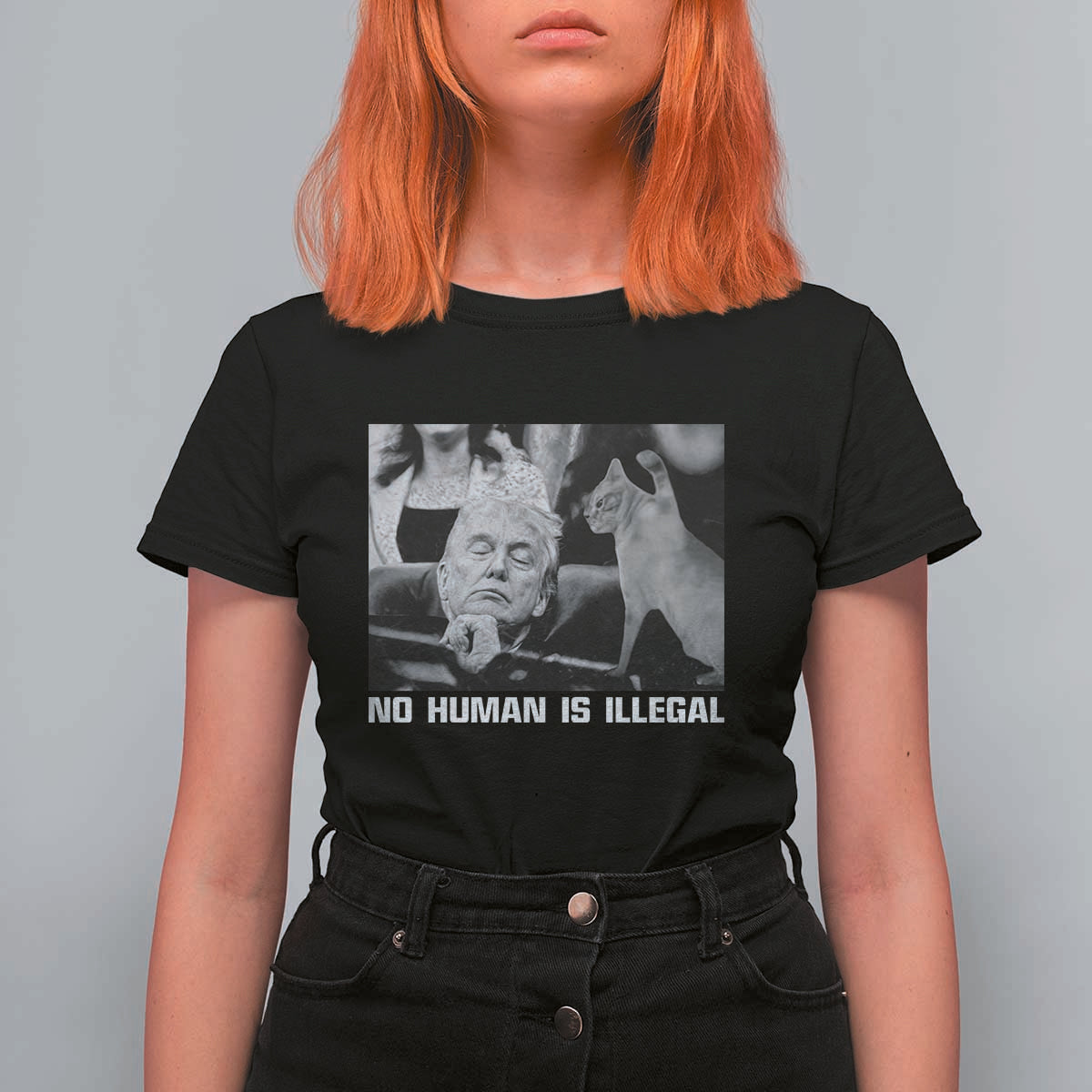 No Human Is Illegal T Shirt For Women Funny Cat Anti ICE Meme