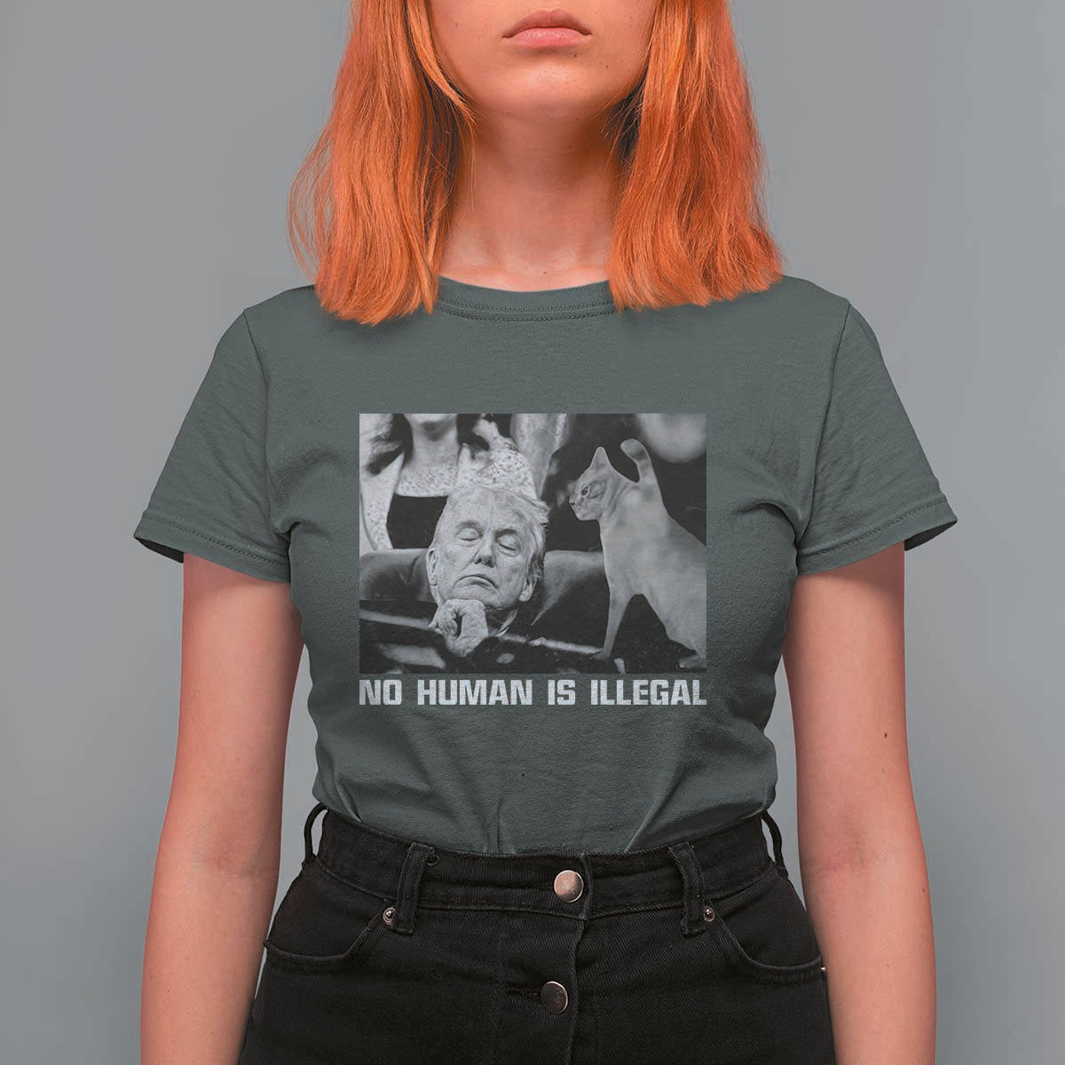 No Human Is Illegal T Shirt For Women Funny Cat Anti ICE Meme