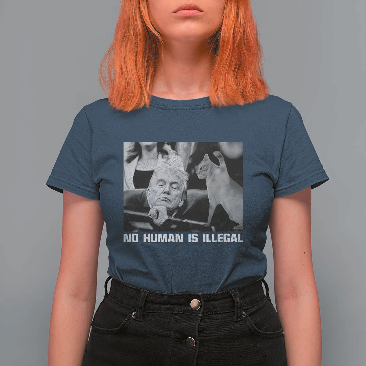 No Human Is Illegal T Shirt For Women Funny Cat Anti ICE Meme