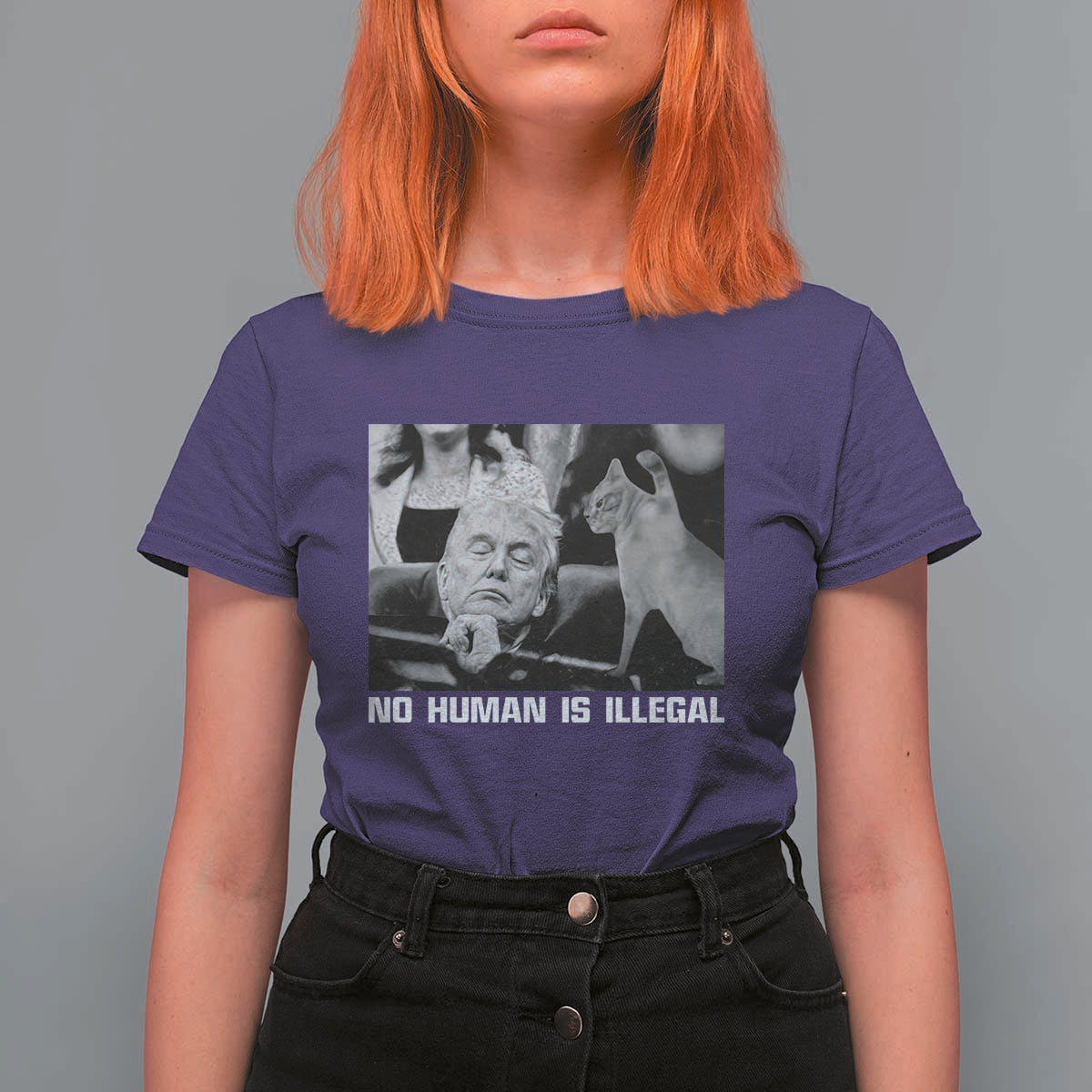 No Human Is Illegal T Shirt For Women Funny Cat Anti ICE Meme