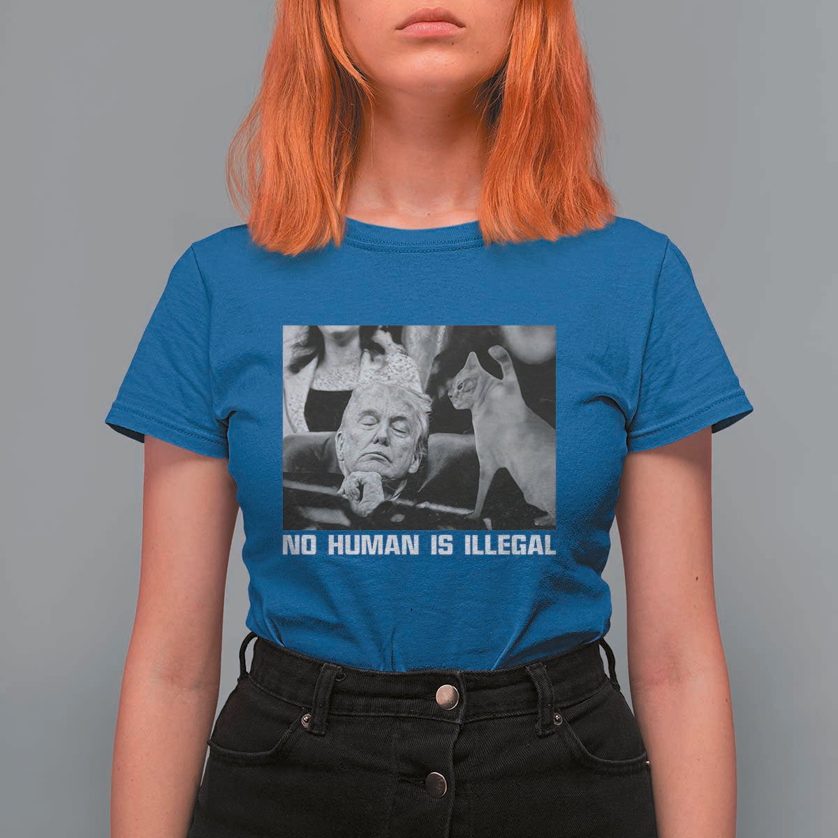 No Human Is Illegal T Shirt For Women Funny Cat Anti ICE Meme