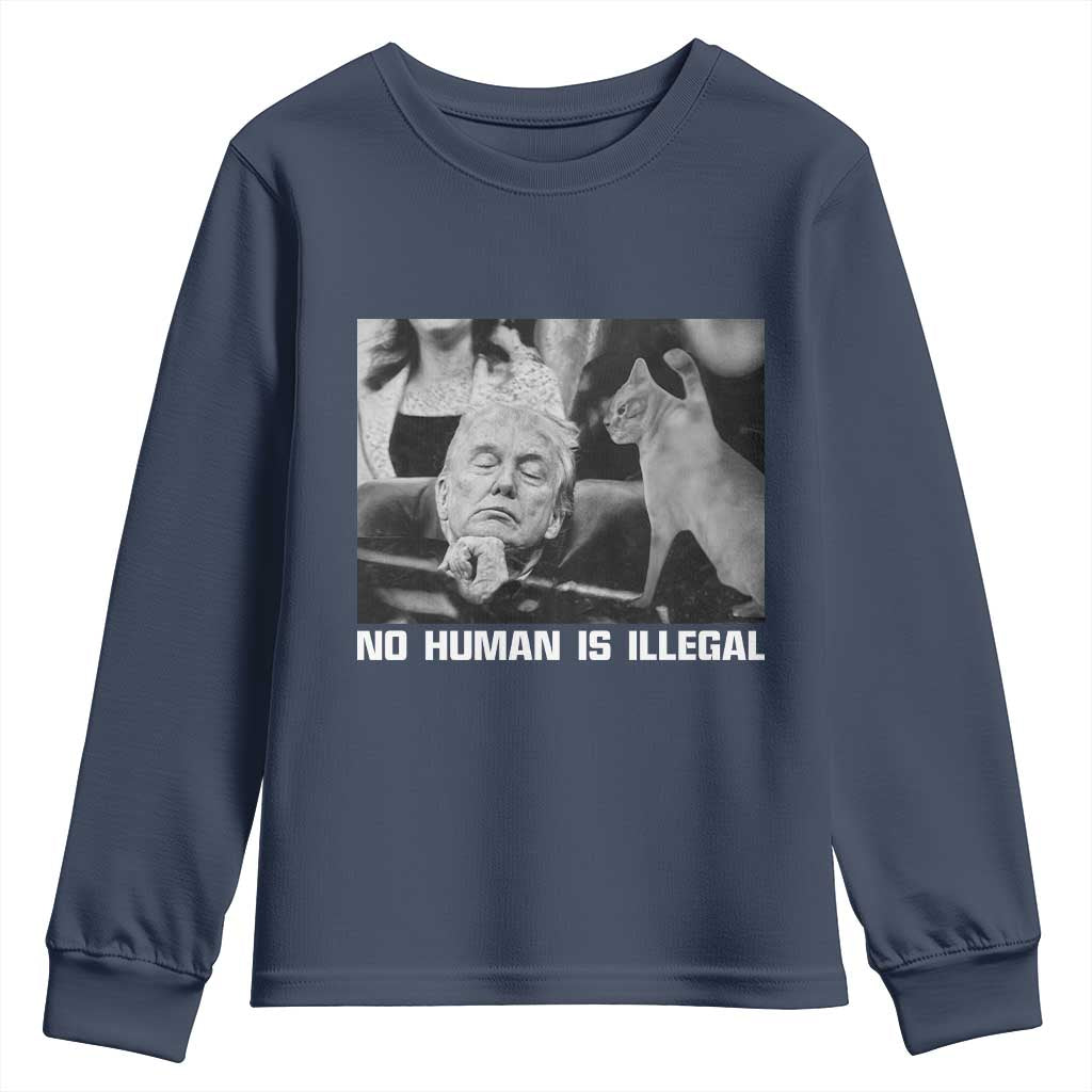 No Human Is Illegal Youth Sweatshirt Funny Cat Anti ICE Meme