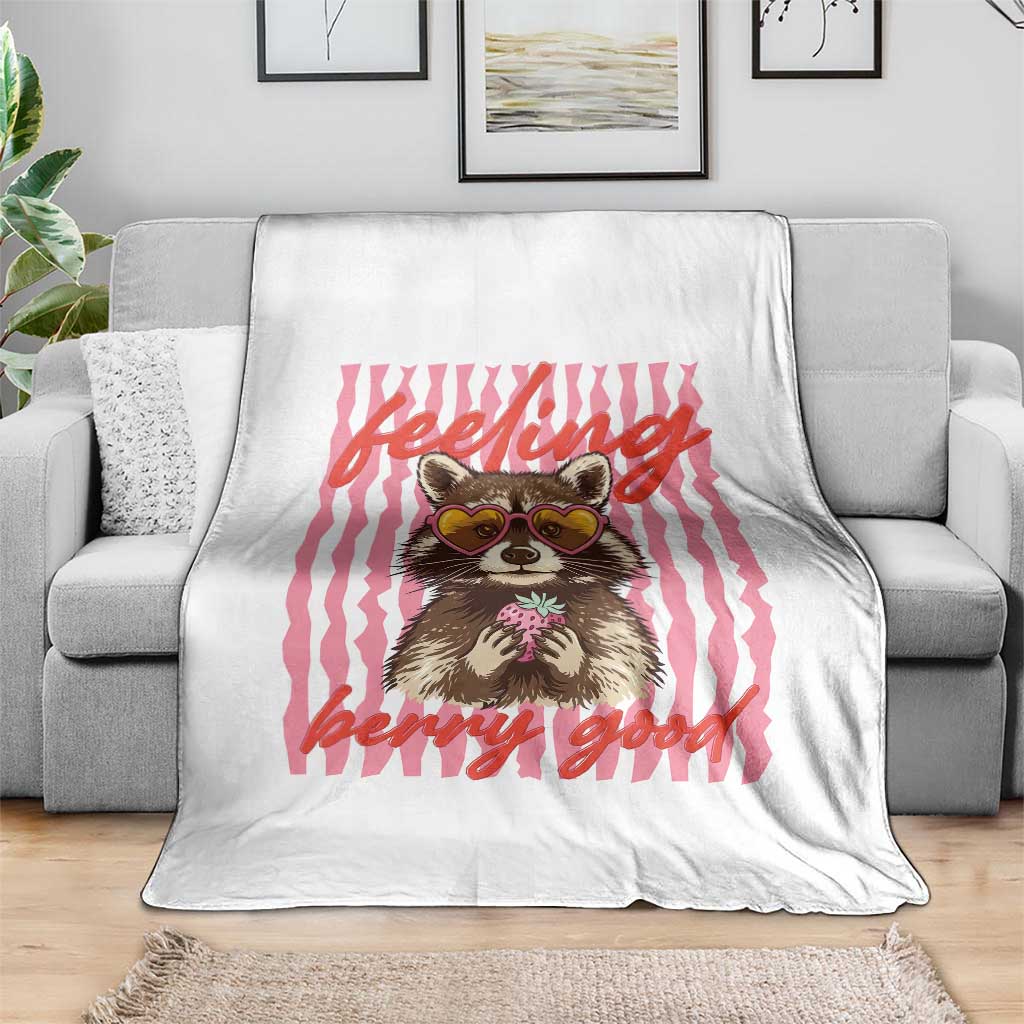 Feeling Berry Good Throw Blanket Funny Raccoon Strawberry Summer Vibes