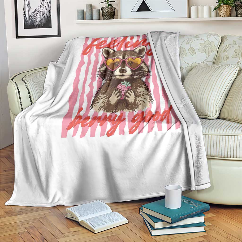 Feeling Berry Good Throw Blanket Funny Raccoon Strawberry Summer Vibes