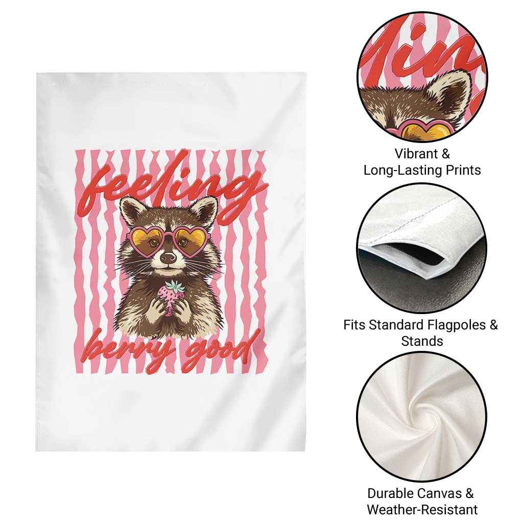 Feeling Berry Good Garden Flag Funny Raccoon Strawberry Summer Vibes