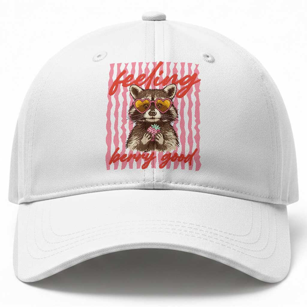 Feeling Berry Good Baseball Cap Funny Raccoon Strawberry Summer Vibes