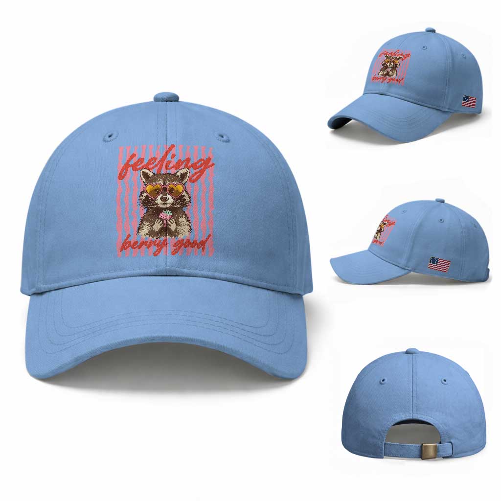 Feeling Berry Good Baseball Cap Funny Raccoon Strawberry Summer Vibes