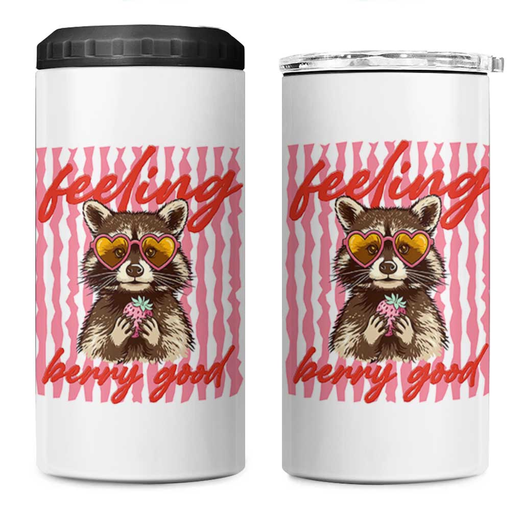 Feeling Berry Good 4 in 1 Can Cooler Tumbler Funny Raccoon Strawberry Summer Vibes