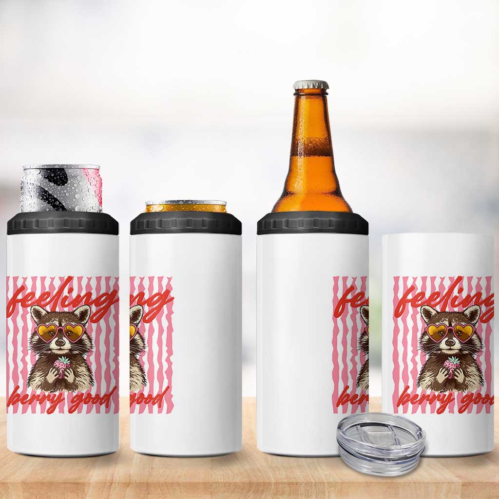 Feeling Berry Good 4 in 1 Can Cooler Tumbler Funny Raccoon Strawberry Summer Vibes