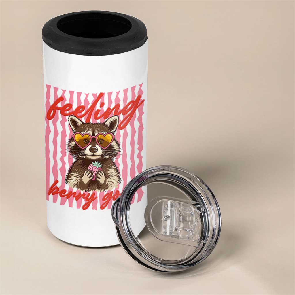 Feeling Berry Good 4 in 1 Can Cooler Tumbler Funny Raccoon Strawberry Summer Vibes