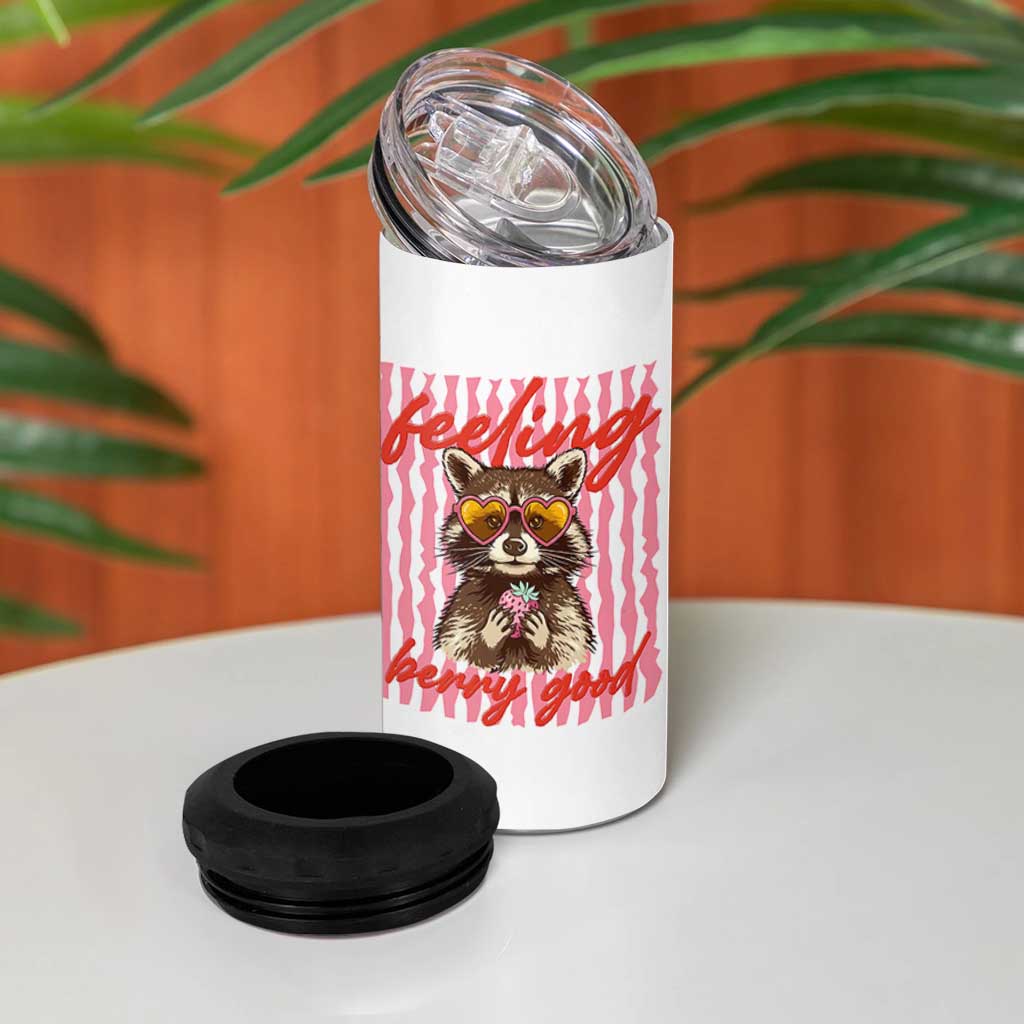 Feeling Berry Good 4 in 1 Can Cooler Tumbler Funny Raccoon Strawberry Summer Vibes
