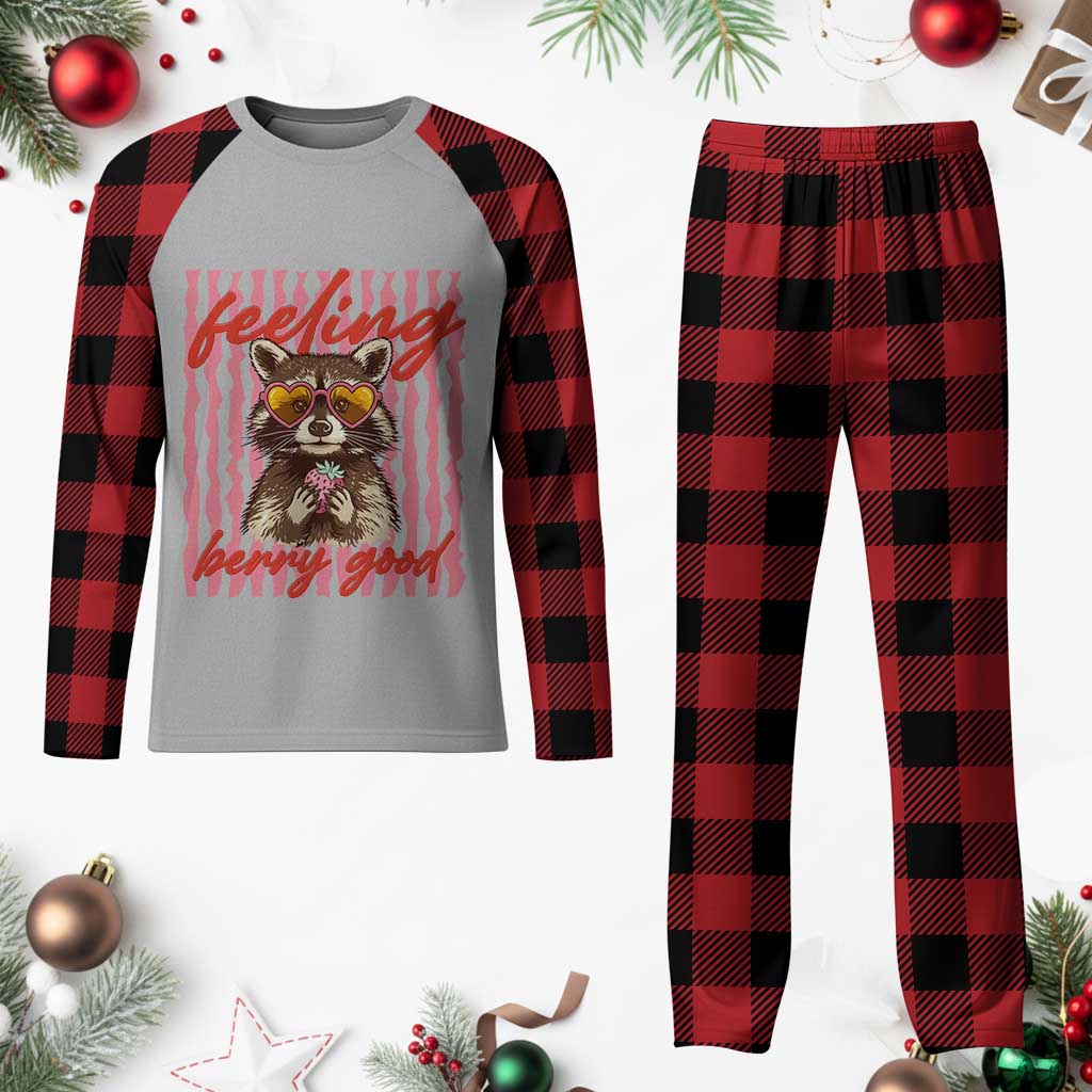 Feeling Berry Good Plaid Pajama Set Funny Raccoon Strawberry Summer Vibes