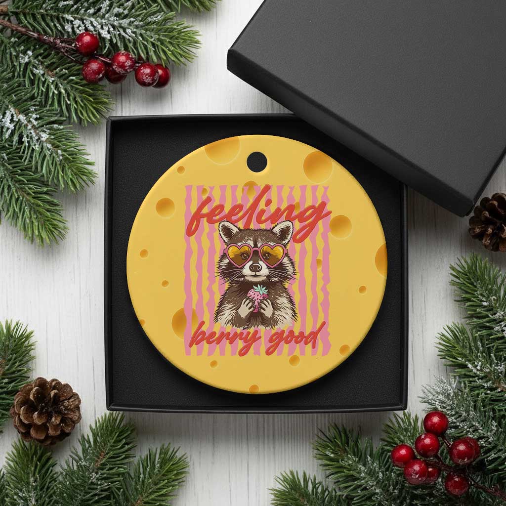 Feeling Berry Good Ceramic Ornament Funny Raccoon Strawberry Summer Vibes