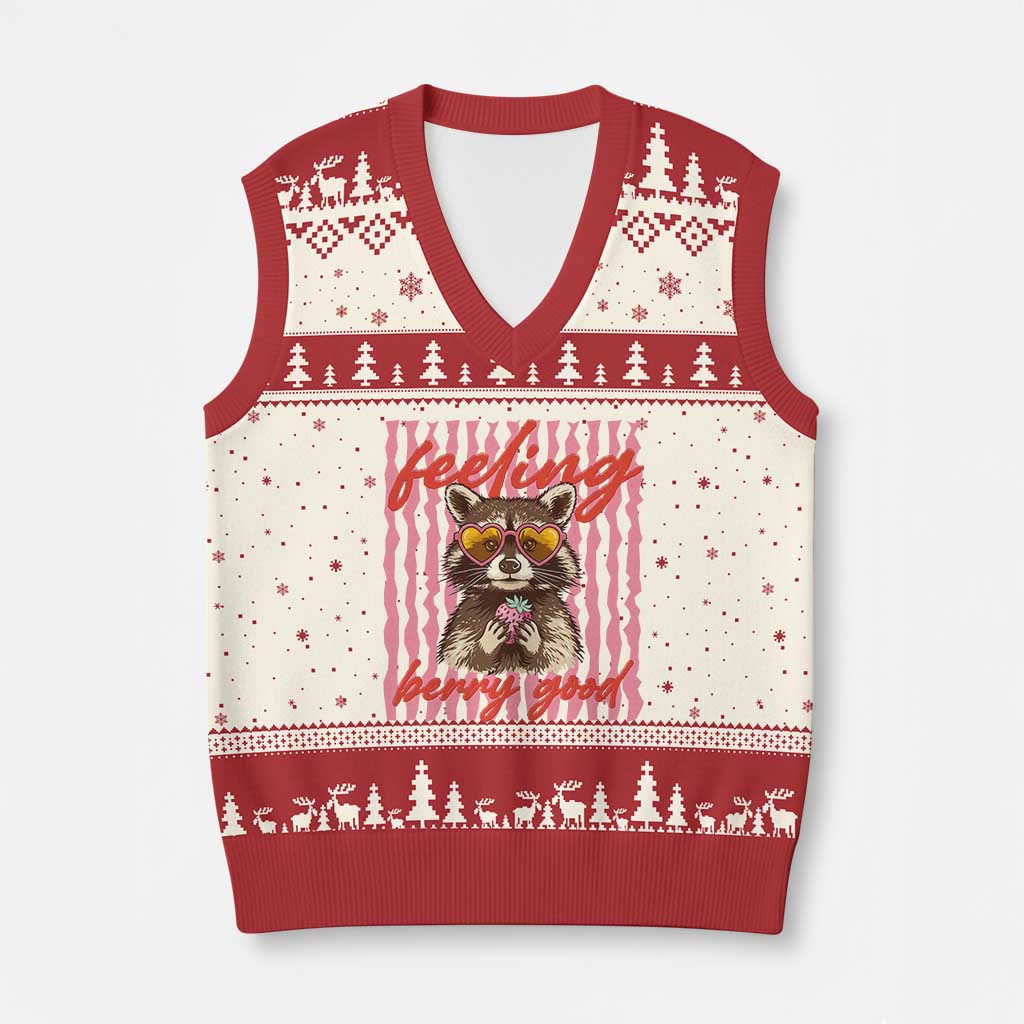Feeling Berry Good V-Neck Knit Sweater Vest Funny Raccoon Strawberry Summer Vibes