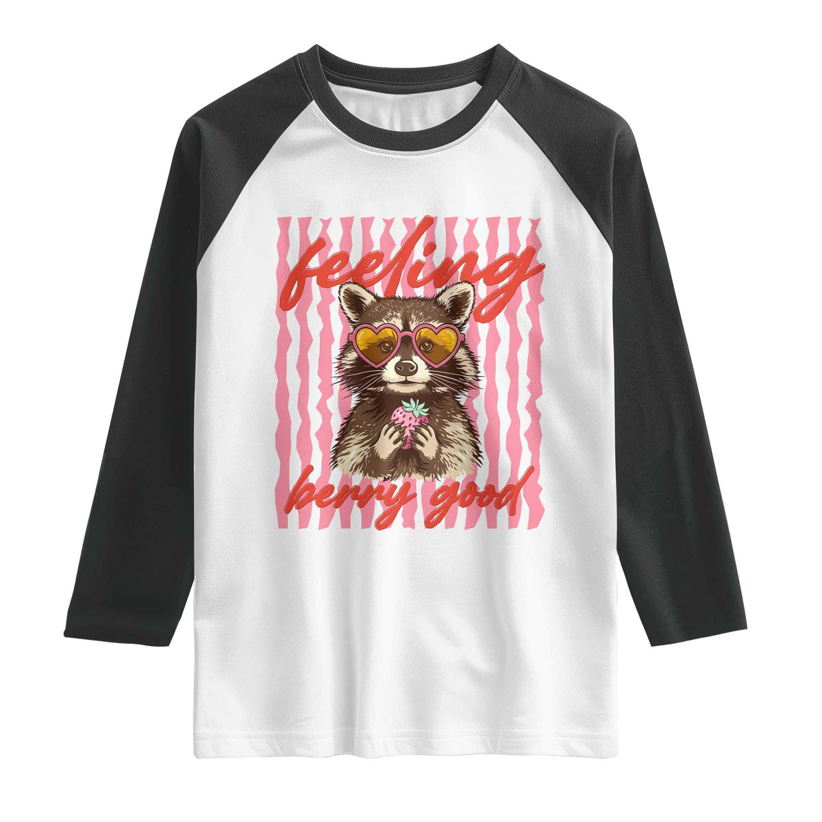 Feeling Berry Good Raglan Shirt Funny Raccoon Strawberry Summer Vibes