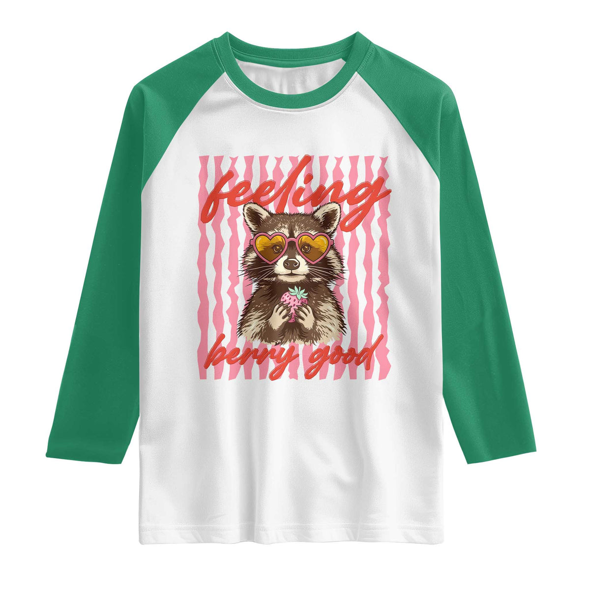Feeling Berry Good Raglan Shirt Funny Raccoon Strawberry Summer Vibes