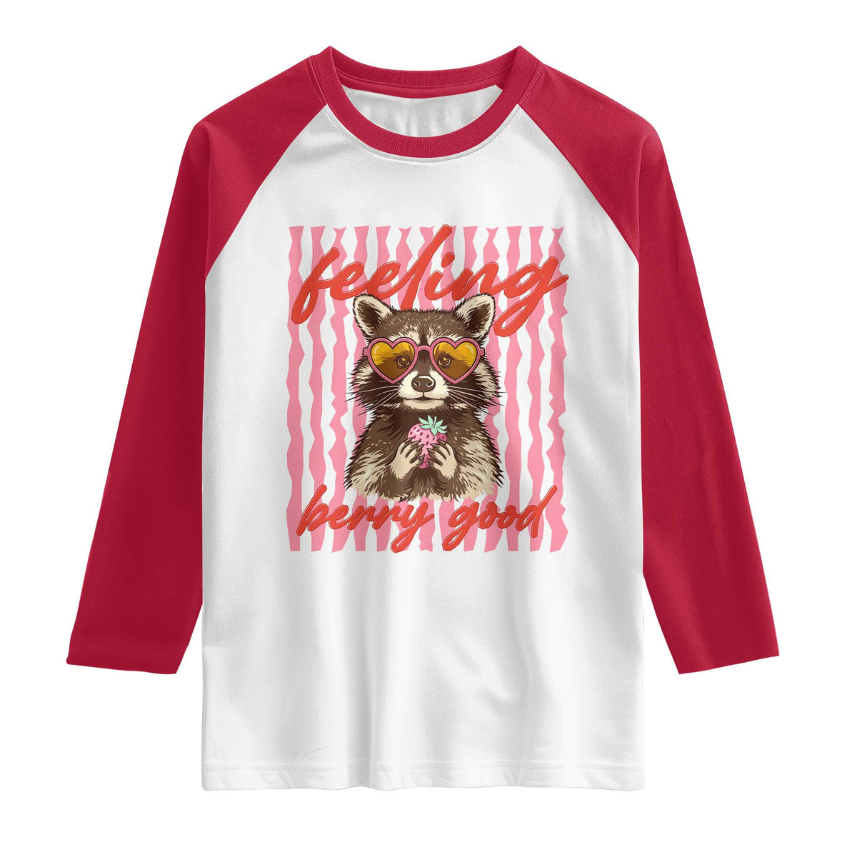 Feeling Berry Good Raglan Shirt Funny Raccoon Strawberry Summer Vibes