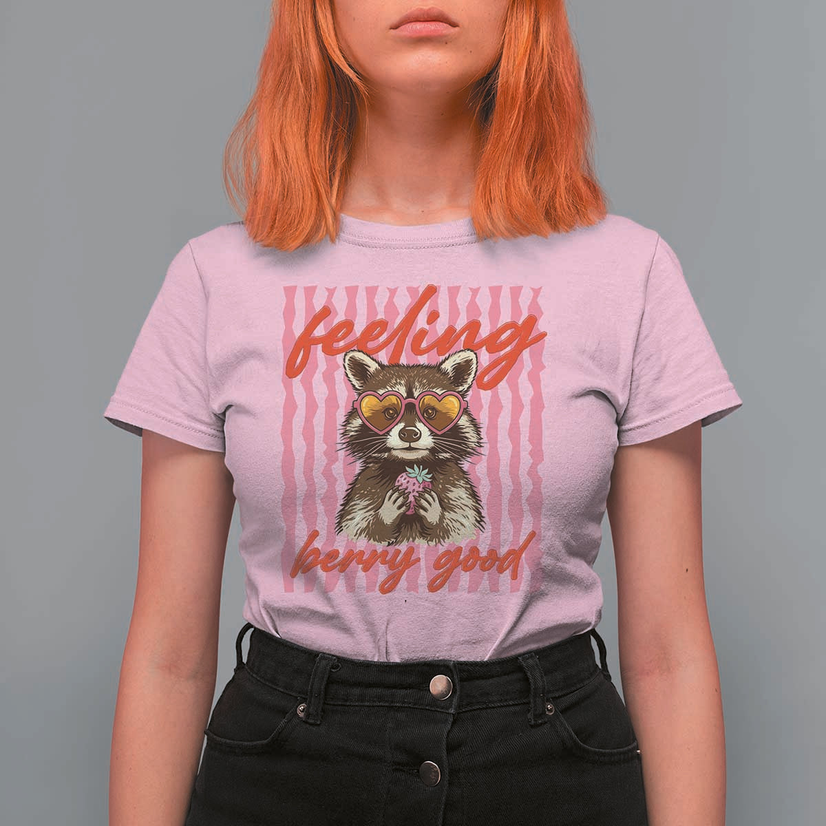 Feeling Berry Good T Shirt For Women Funny Raccoon Strawberry Summer Vibes