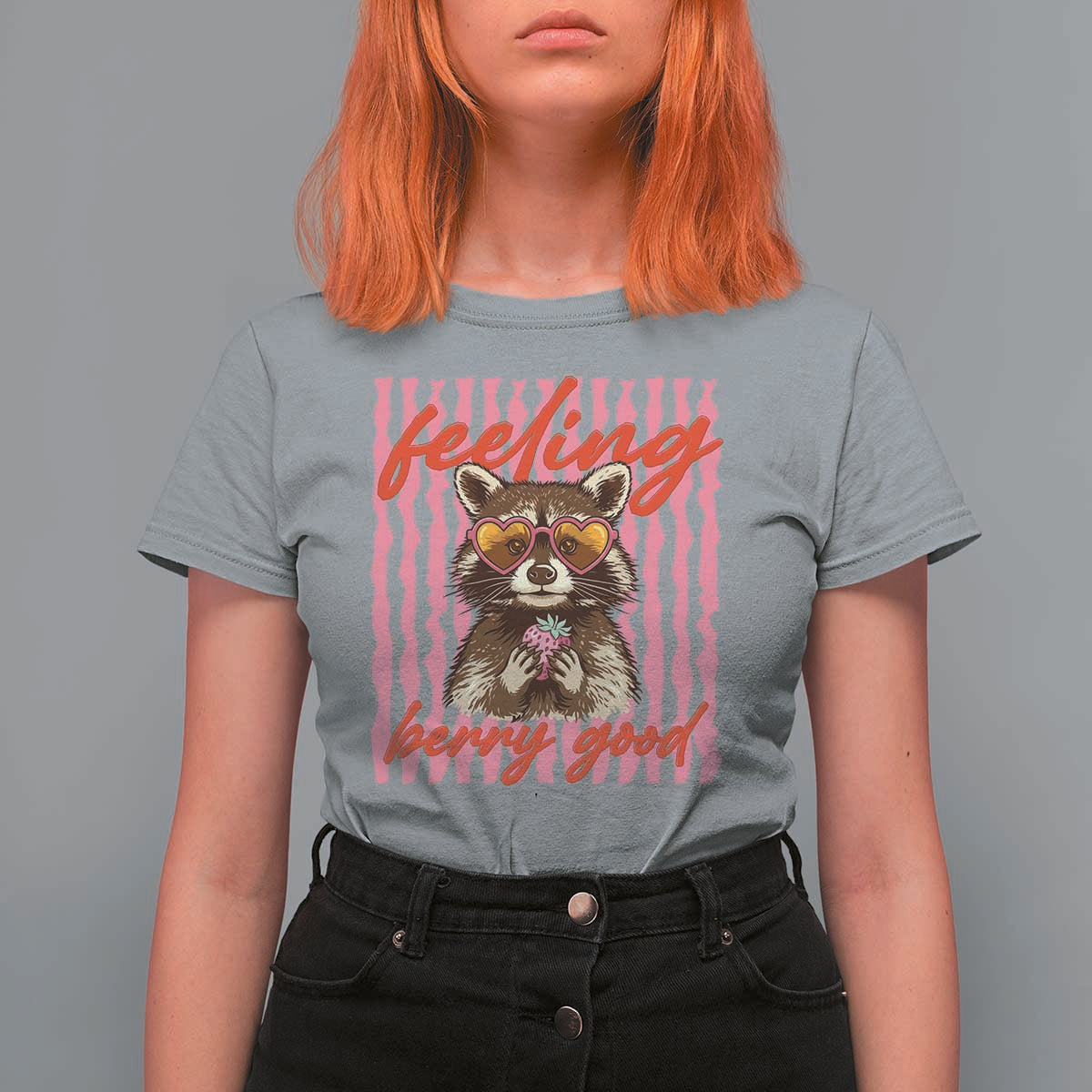 Feeling Berry Good T Shirt For Women Funny Raccoon Strawberry Summer Vibes