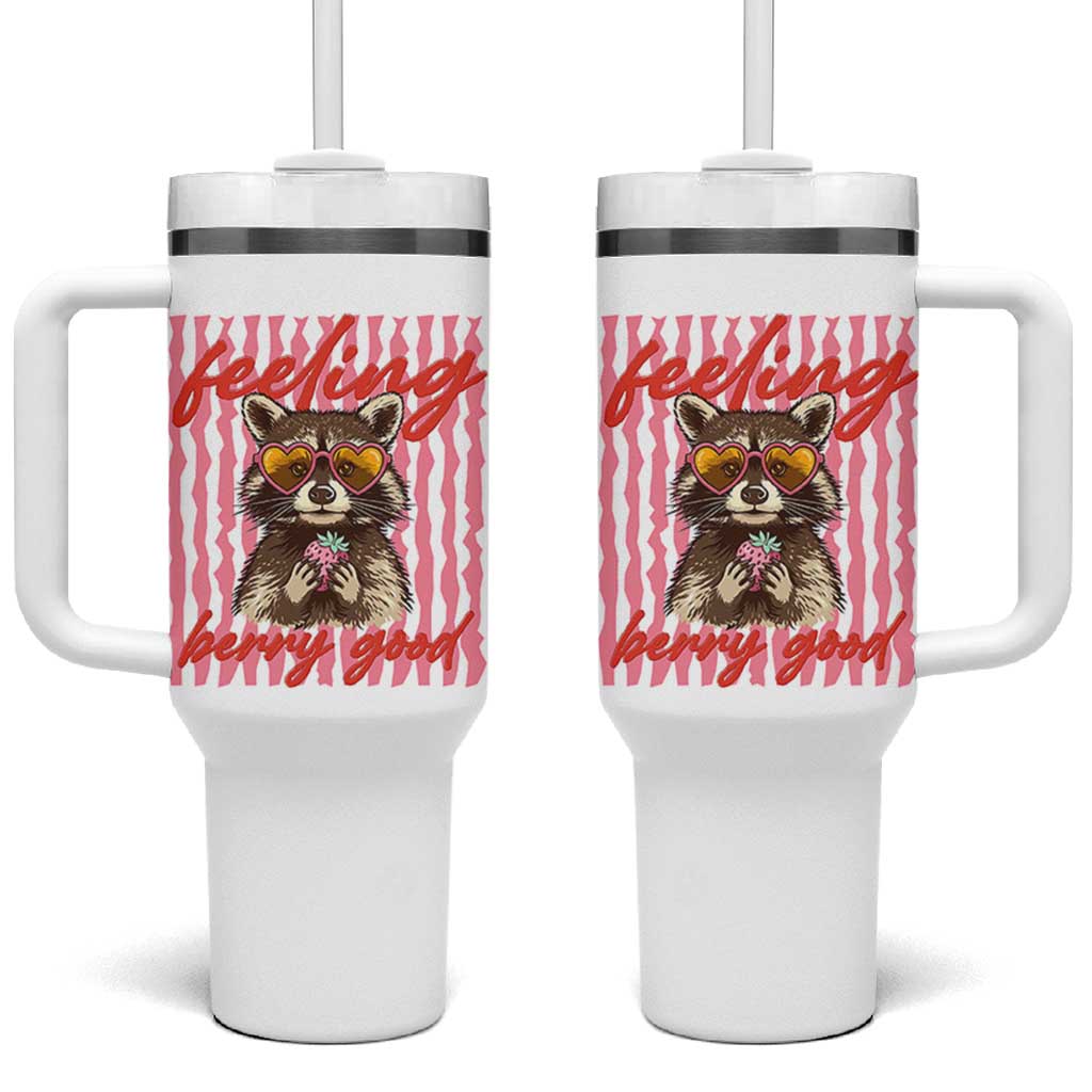 Feeling Berry Good Tumbler With Handle Funny Raccoon Strawberry Summer Vibes