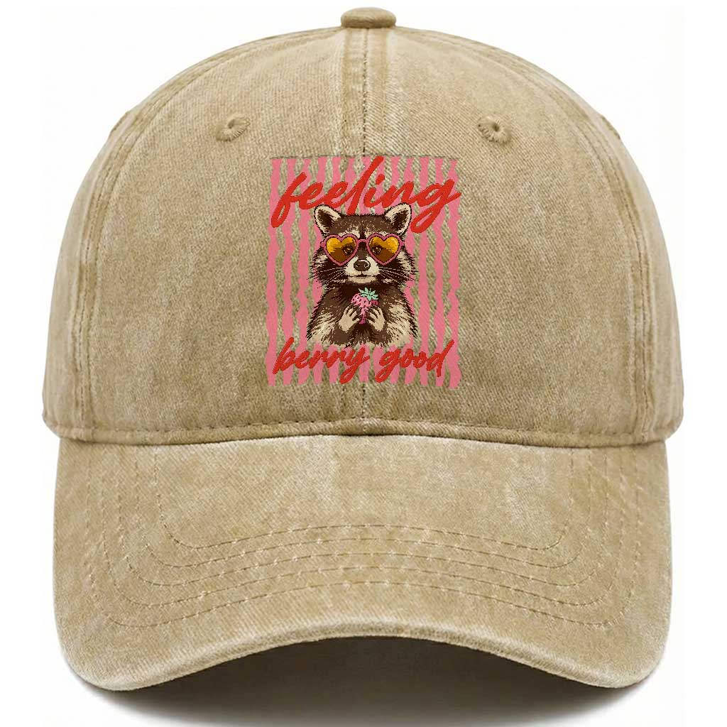 Feeling Berry Good Washed Cotton Baseball Cap Funny Raccoon Strawberry Summer Vibes