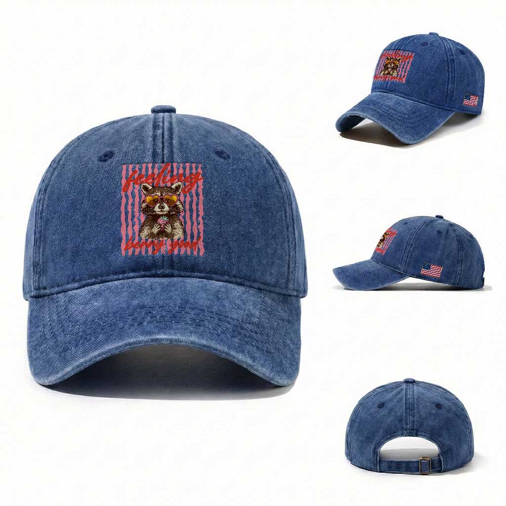 Feeling Berry Good Washed Cotton Baseball Cap Funny Raccoon Strawberry Summer Vibes