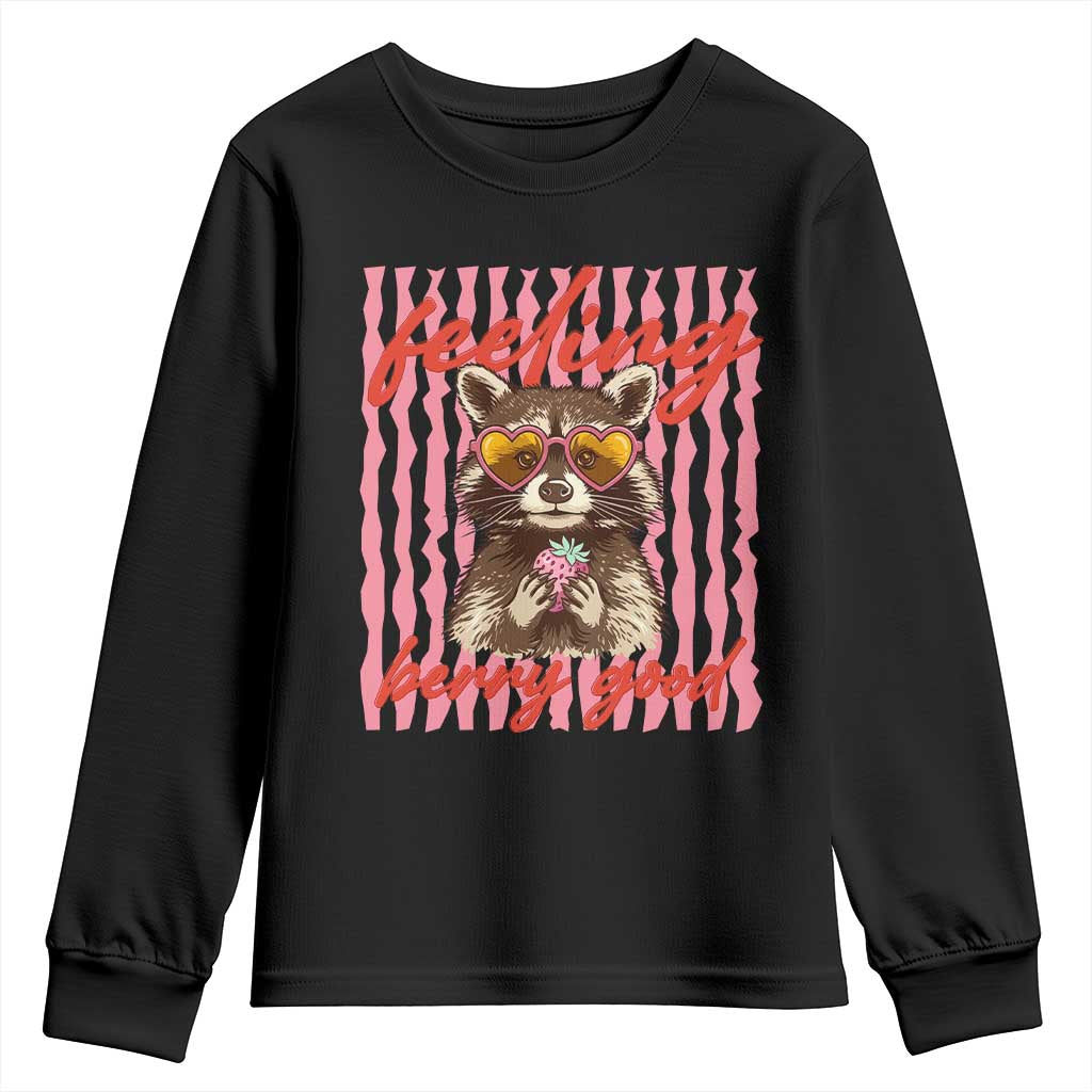 Feeling Berry Good Youth Sweatshirt Funny Raccoon Strawberry Summer Vibes