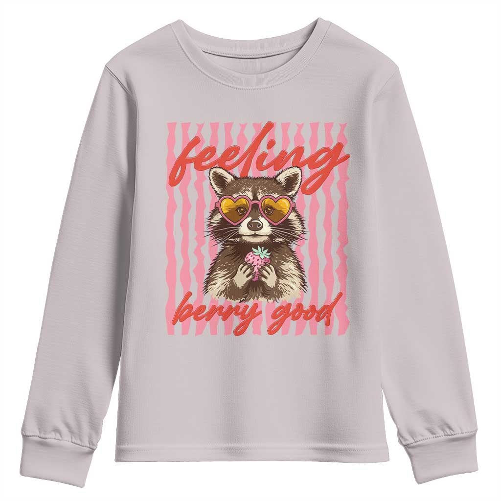 Feeling Berry Good Youth Sweatshirt Funny Raccoon Strawberry Summer Vibes