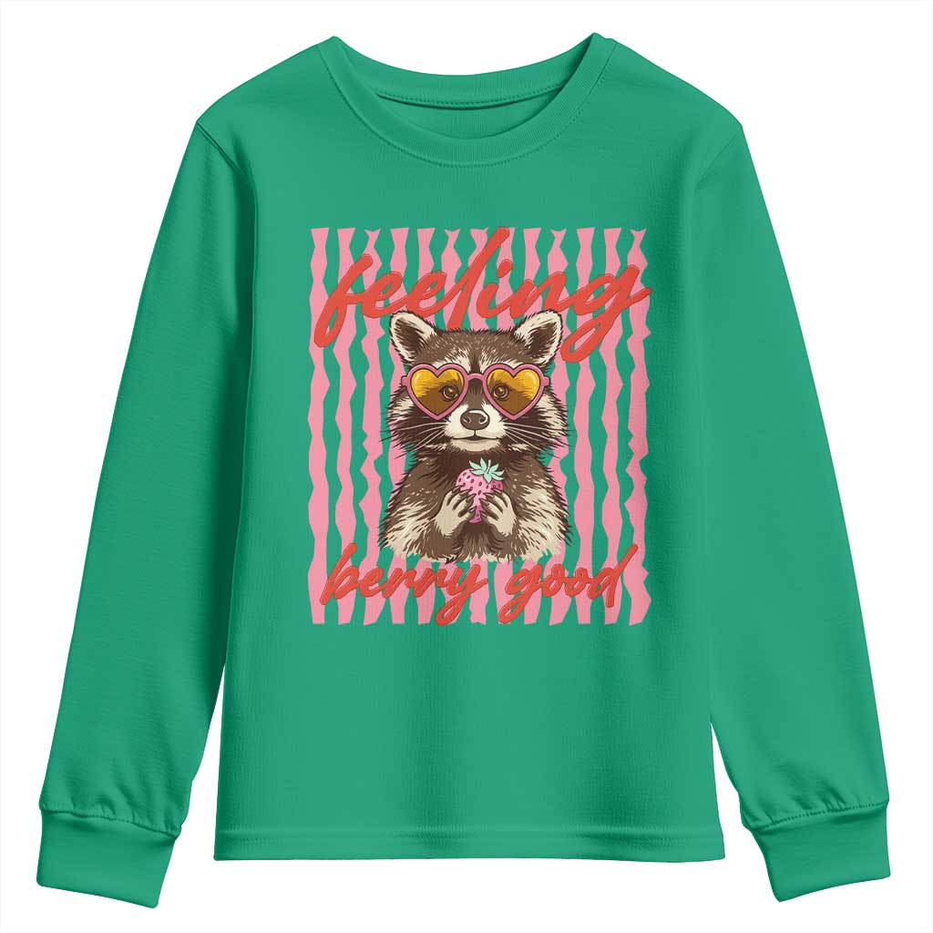 Feeling Berry Good Youth Sweatshirt Funny Raccoon Strawberry Summer Vibes