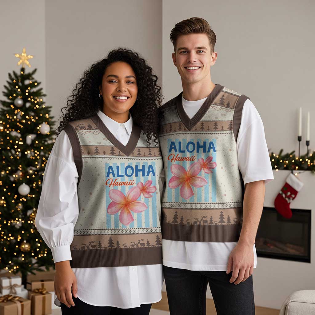 Aloha Hawaii V-Neck Knit Sweater Vest Hibiscus Flower Tropical Beach Vacation