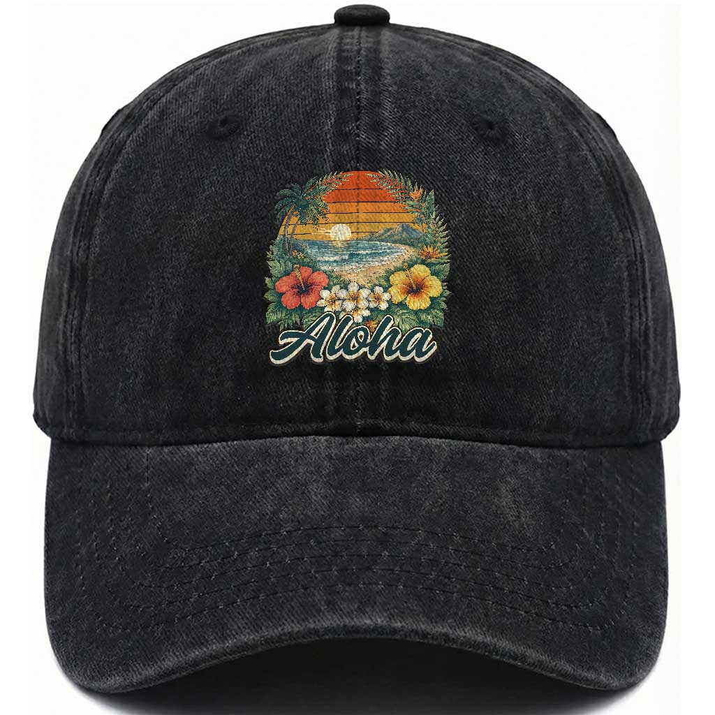Aloha Hawaii Summer Washed Cotton Baseball Cap Vintage Tropical Beach Graphic
