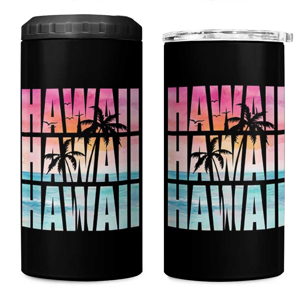 Hawaii Summer Vacation 4 in 1 Can Cooler Tumbler Vintage Tropical Beach Graphic