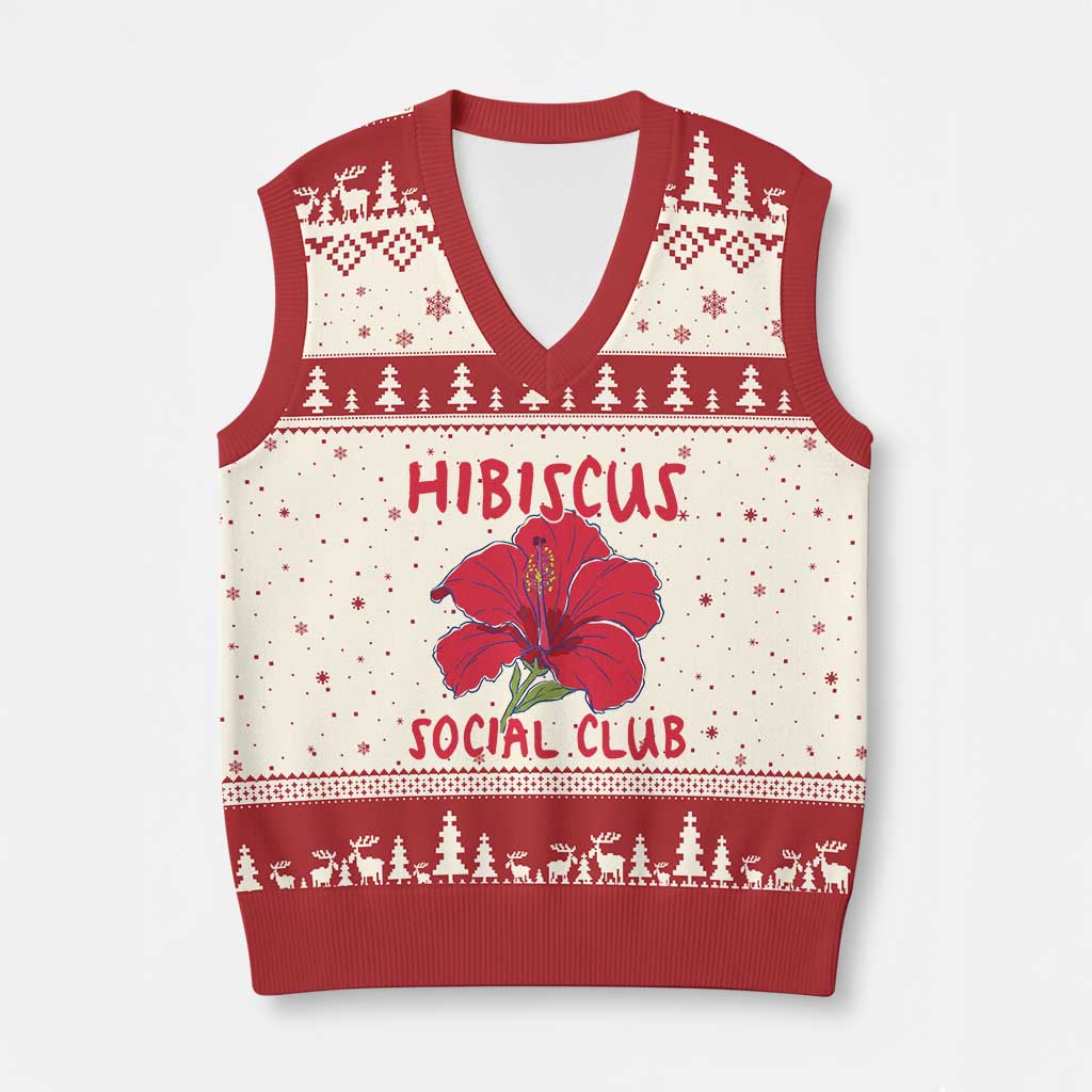 Hibiscus Flower V-Neck Knit Sweater Vest Aloha Hawaii Tropical Beach Vacation