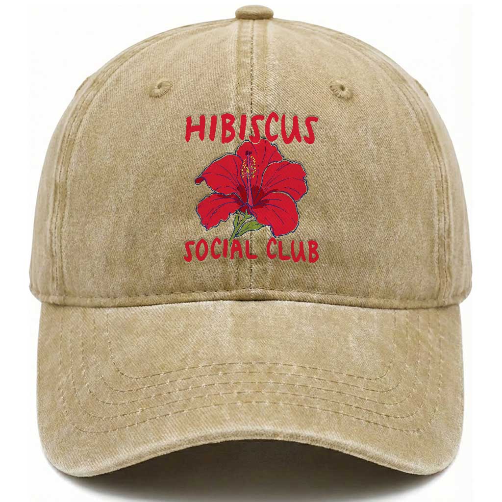 Hibiscus Flower Washed Cotton Baseball Cap Aloha Hawaii Tropical Beach Vacation