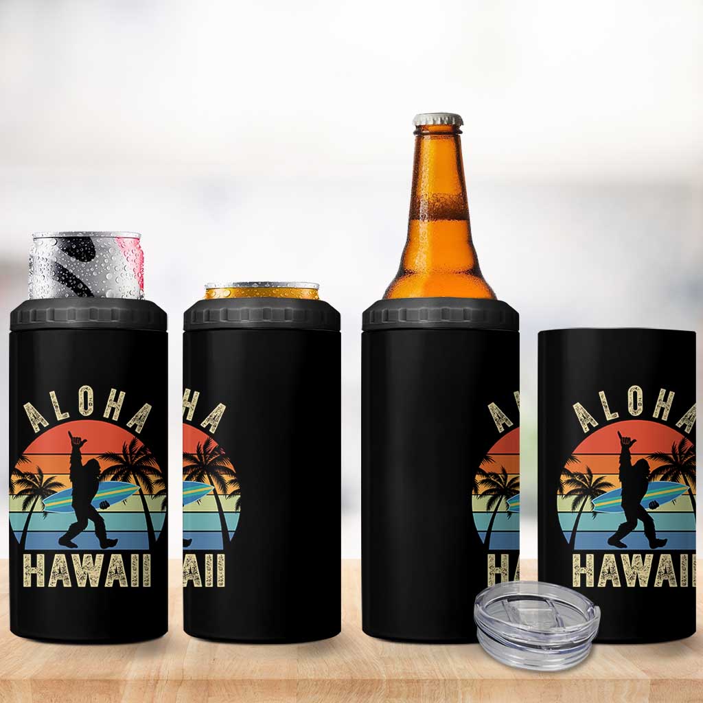 Funny Bigfoot Aloha Hawaiian Surfing 4 in 1 Can Cooler Tumbler Tropical Beach Surfer Gift