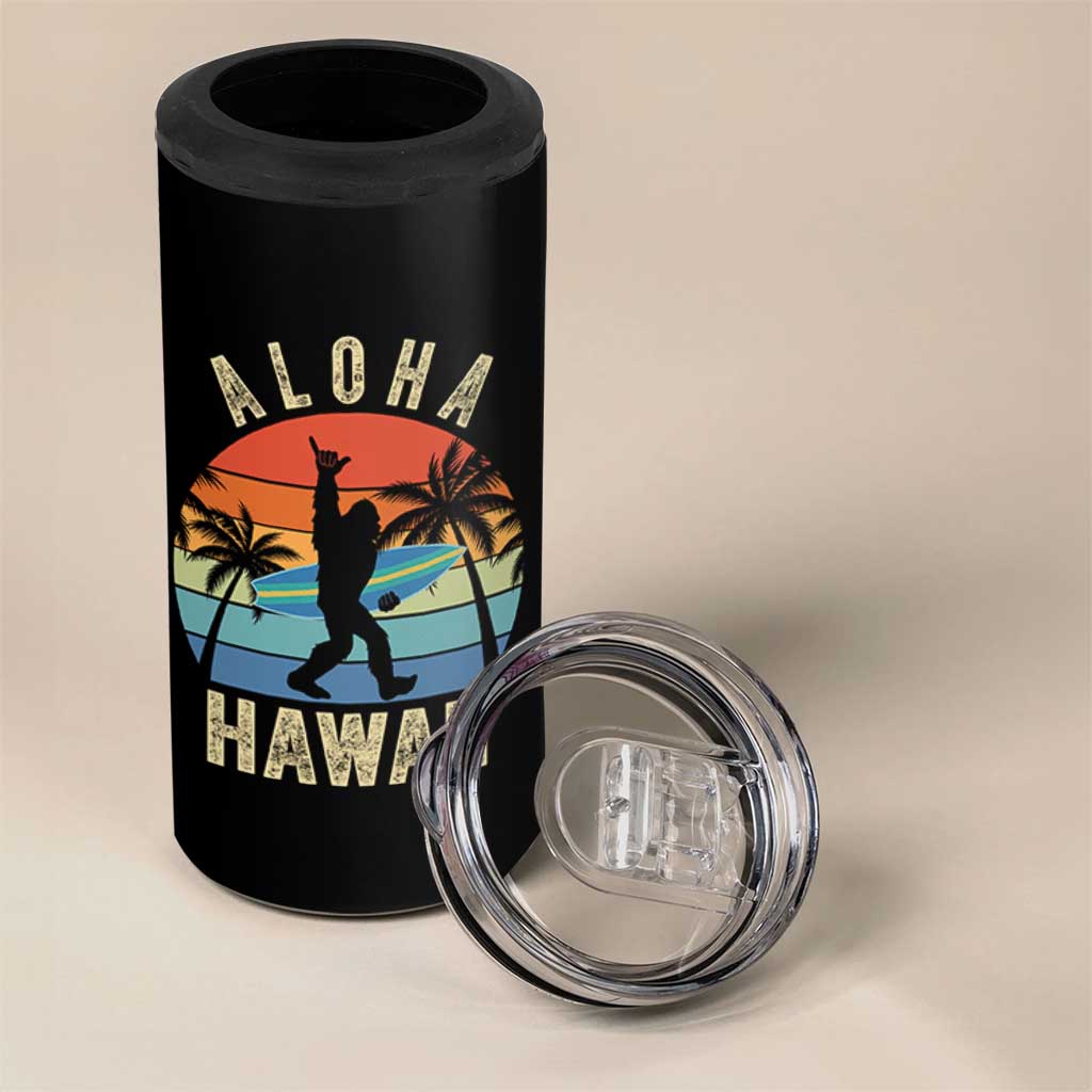 Funny Bigfoot Aloha Hawaiian Surfing 4 in 1 Can Cooler Tumbler Tropical Beach Surfer Gift